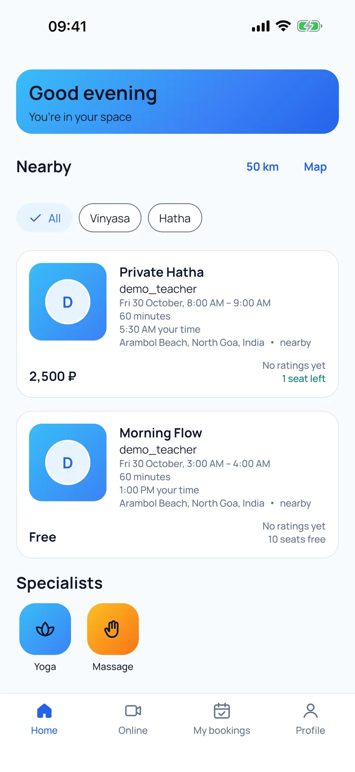 The Aura student home screen: a Nearby section with filters by yoga style, class cards with time, place and free seats, and a Specialists row.