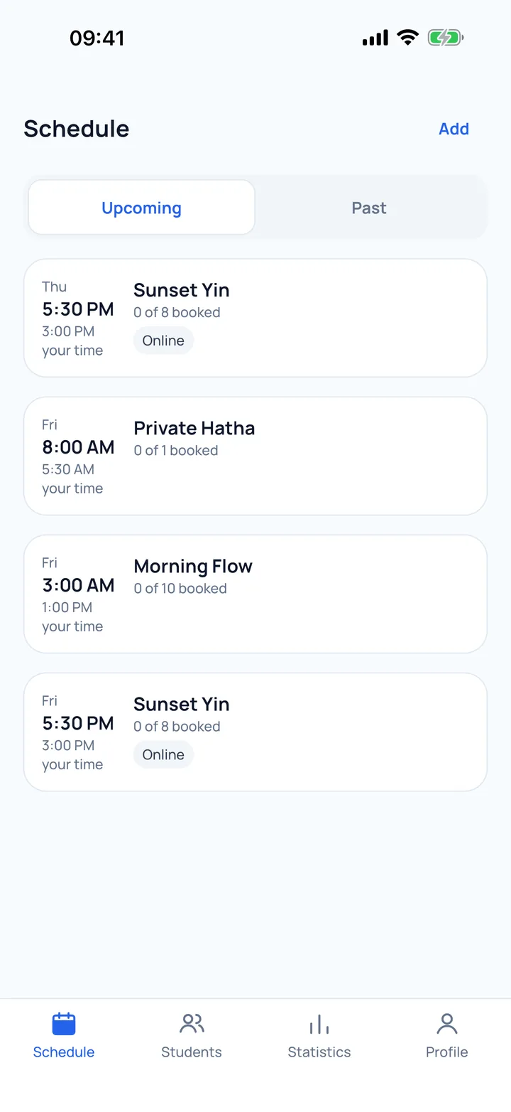 The Schedule screen in the Aura teacher app: Upcoming and Past tabs, class cards with the time and how many students have booked.